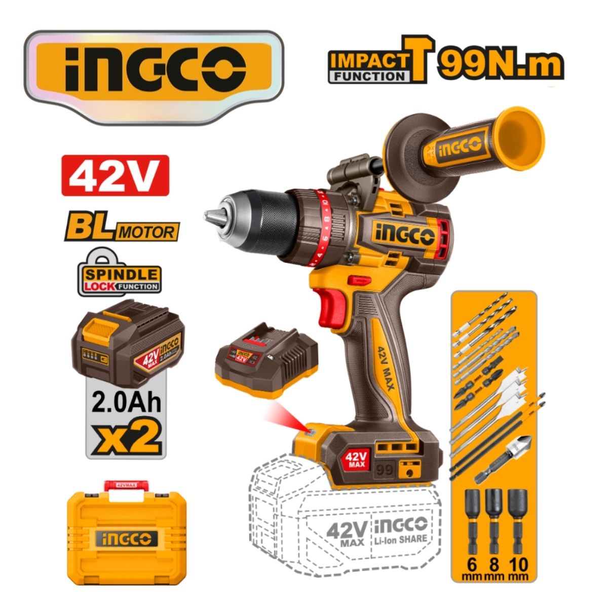 TALADRO PERCUTOR 1/2' 42V 99NM BL INGCO CIDLI429982 - 2