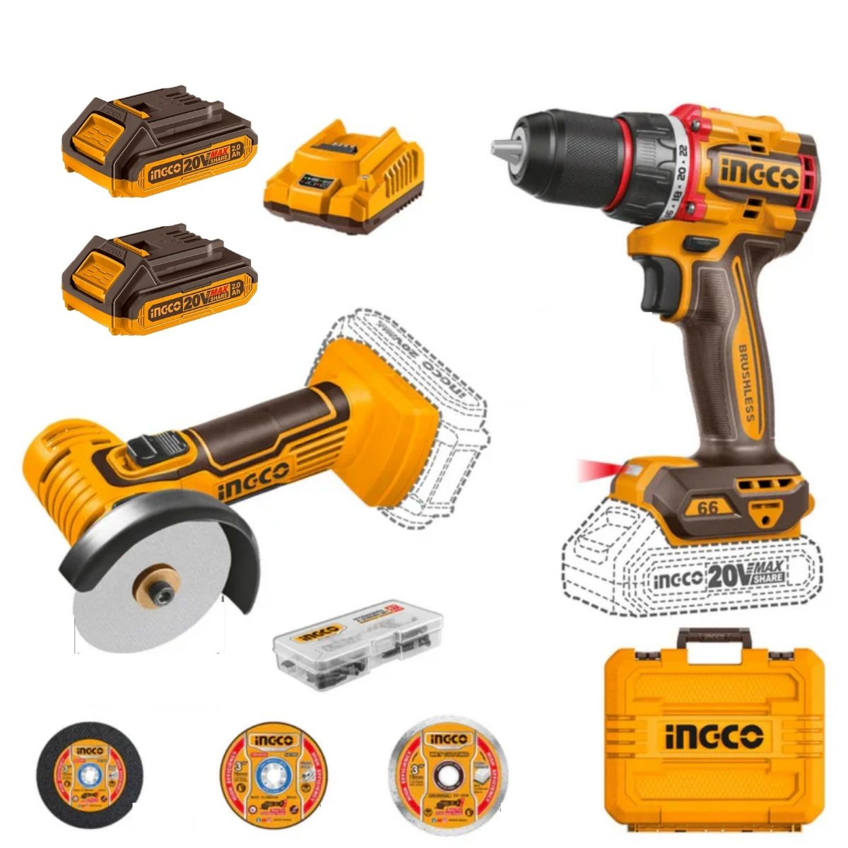 KIT TALADRO 66NM + MINI AMOLADORA 3' 20V INGCO CKLI20766 - 1