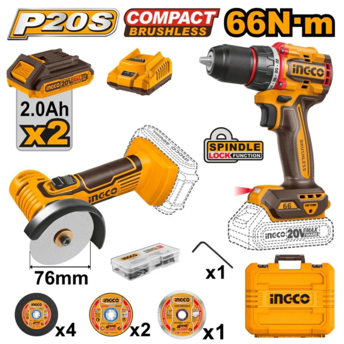 KIT TALADRO 66NM + MINI AMOLADORA 3' 20V INGCO CKLI20766 - 2