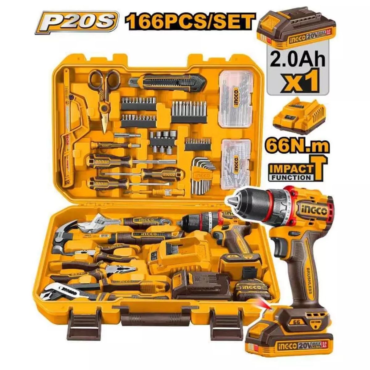 KIT TALADRO PERCUTOR 20V + 166 HERRAMIENTAS INGCO HKTHP41662 - 1