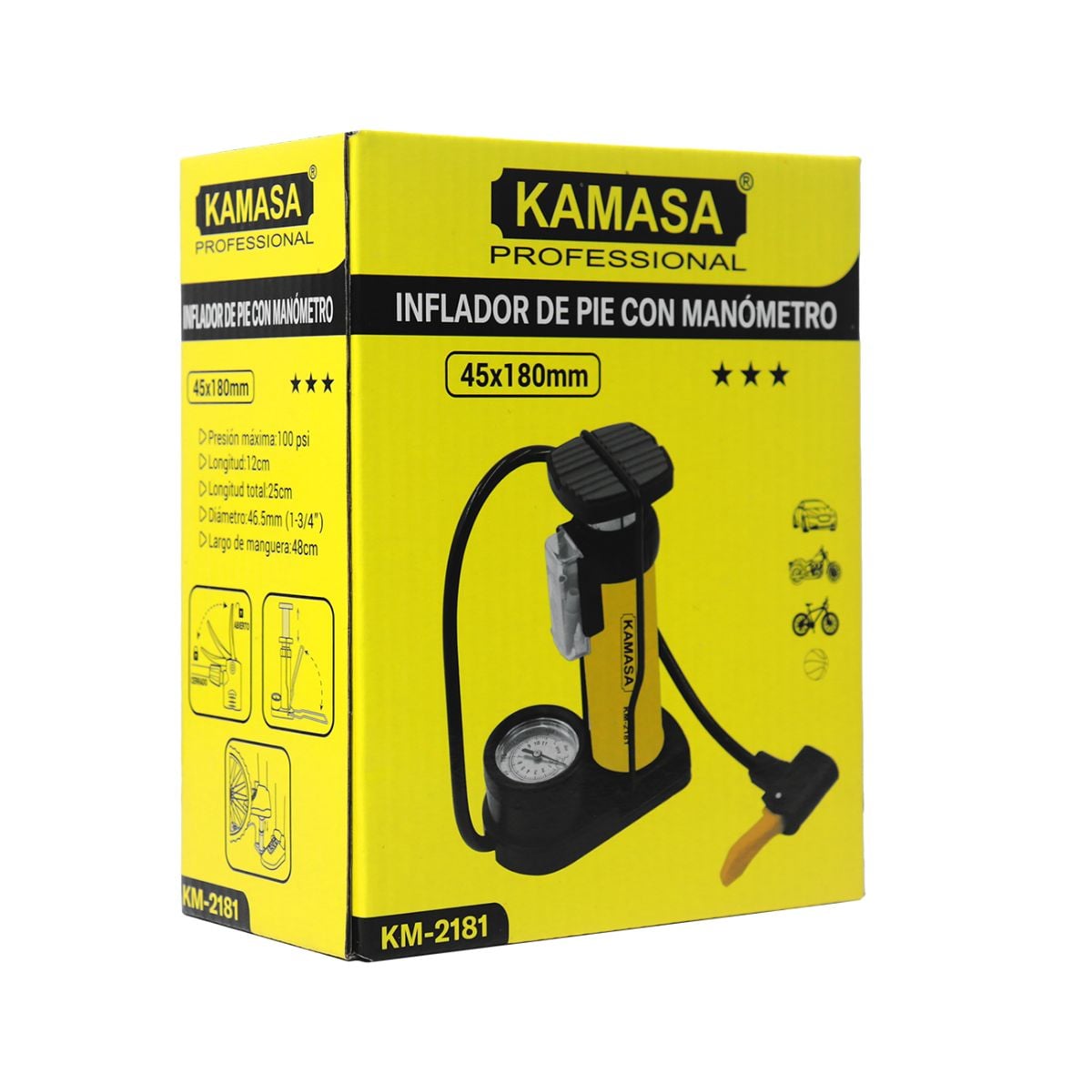 INFLADOR DE PIE CON MANOMETRO 45X180MM KAMASA - 3