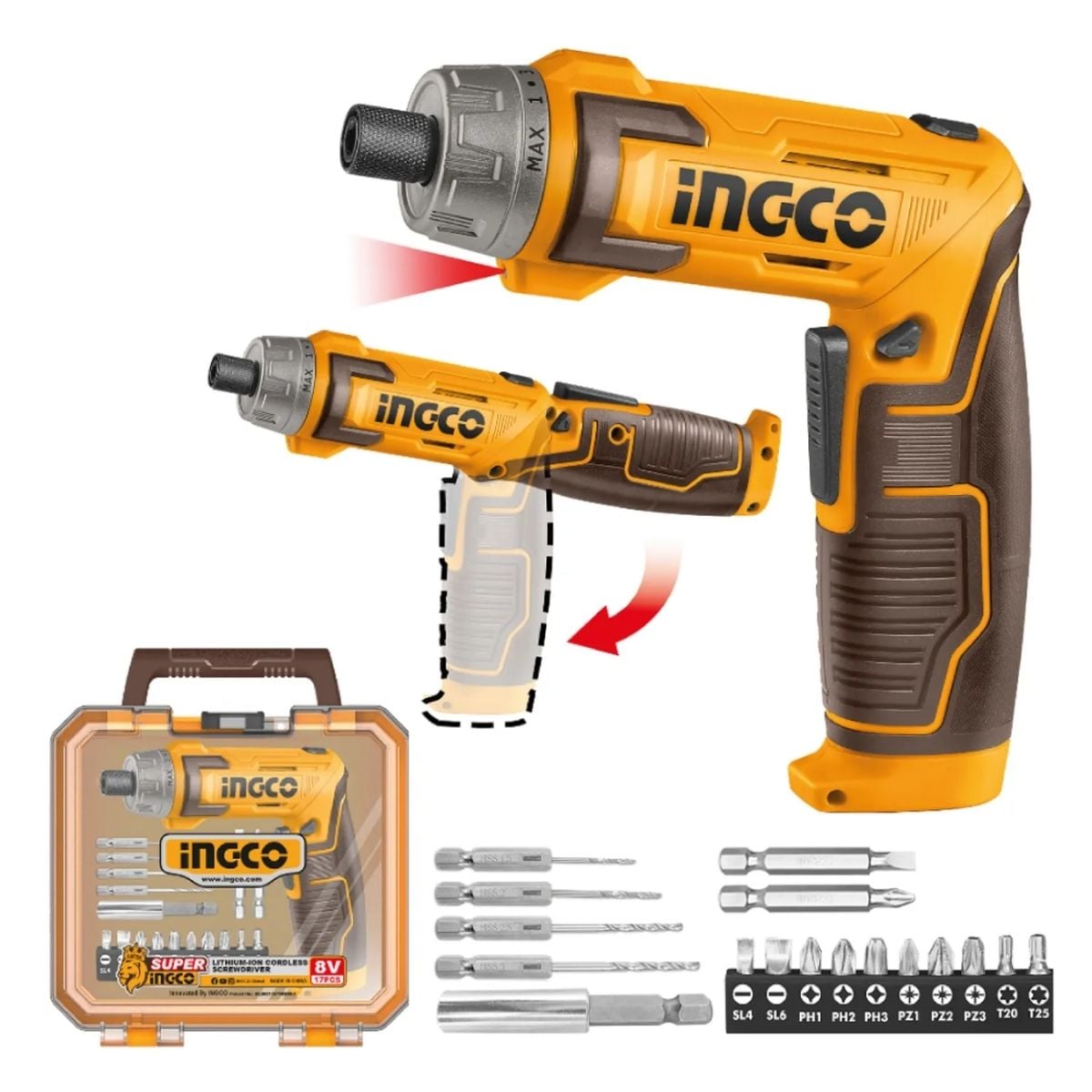 ATORNILLADOR FLEXIBLE INGCO 8V CSDLI08025 BATERÍA ACCESORIOS - 1