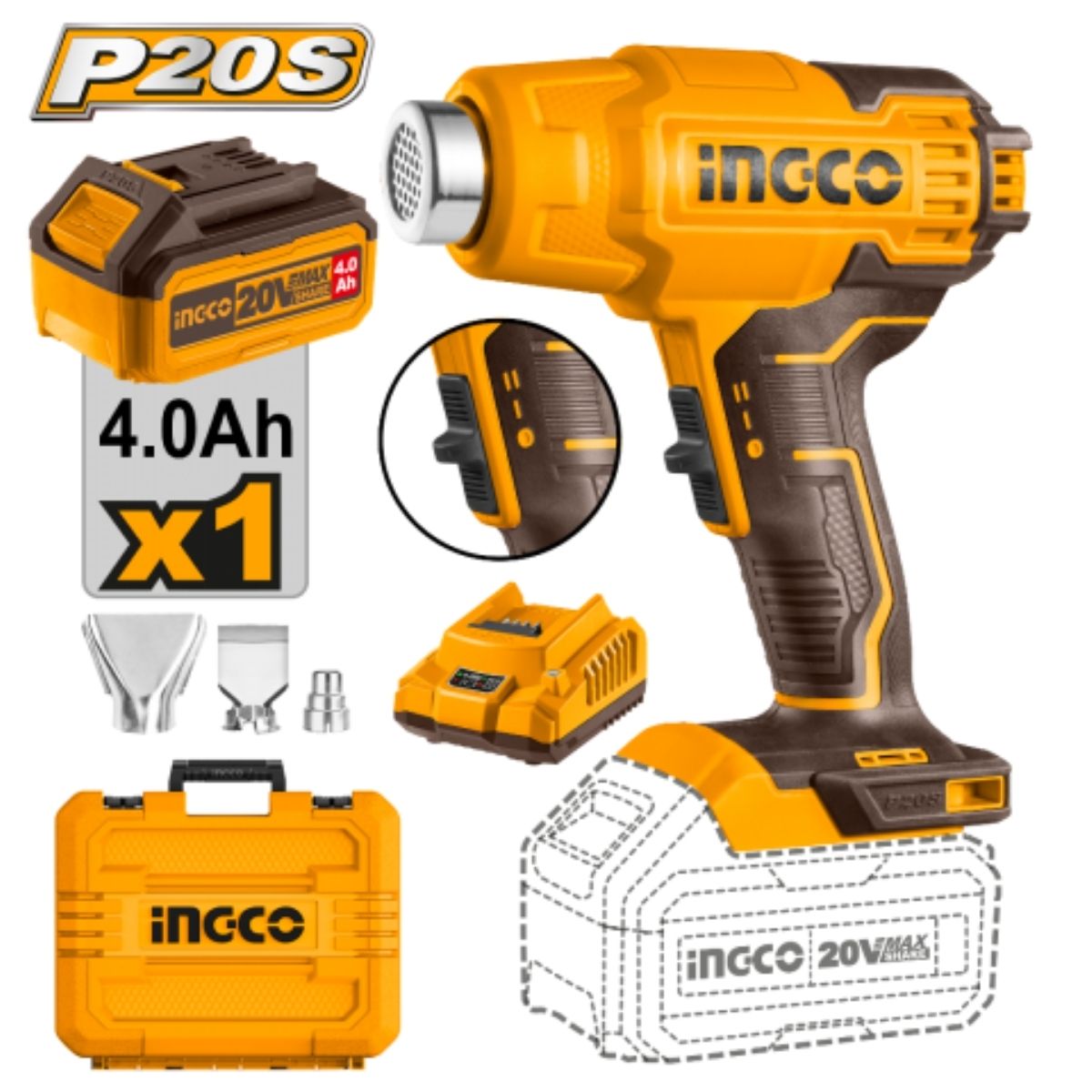 PISTOLA DE CALOR INGCO 20V 550°C INALÁMBRICA + BATERÍA 4AH - 2