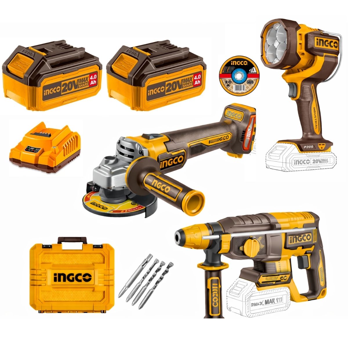 AMOLADORA + ROTOMARTILLO + LAMPARA + 2 BAT COSLI250183 INGCO - 1