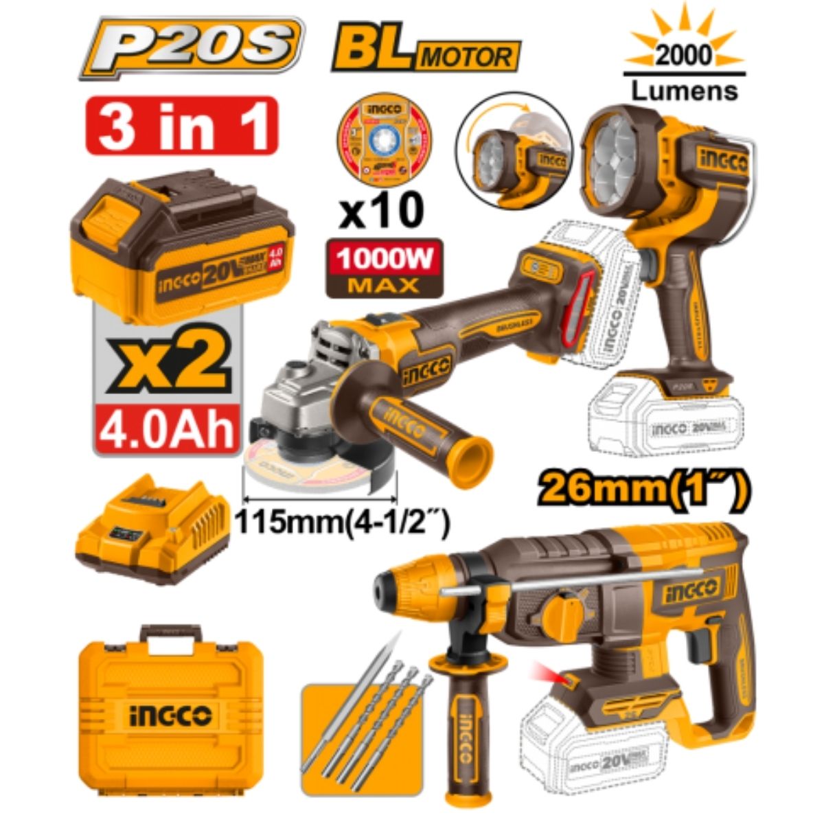 AMOLADORA + ROTOMARTILLO + LAMPARA + 2 BAT COSLI250183 INGCO - 2