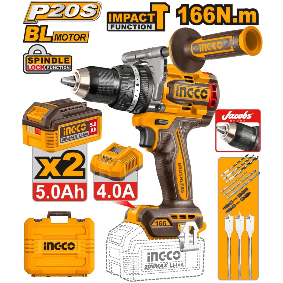 TALADRO + LLAVE DE IMPACTO INGCO CKLI20271 20V BRUSHLESS - 2