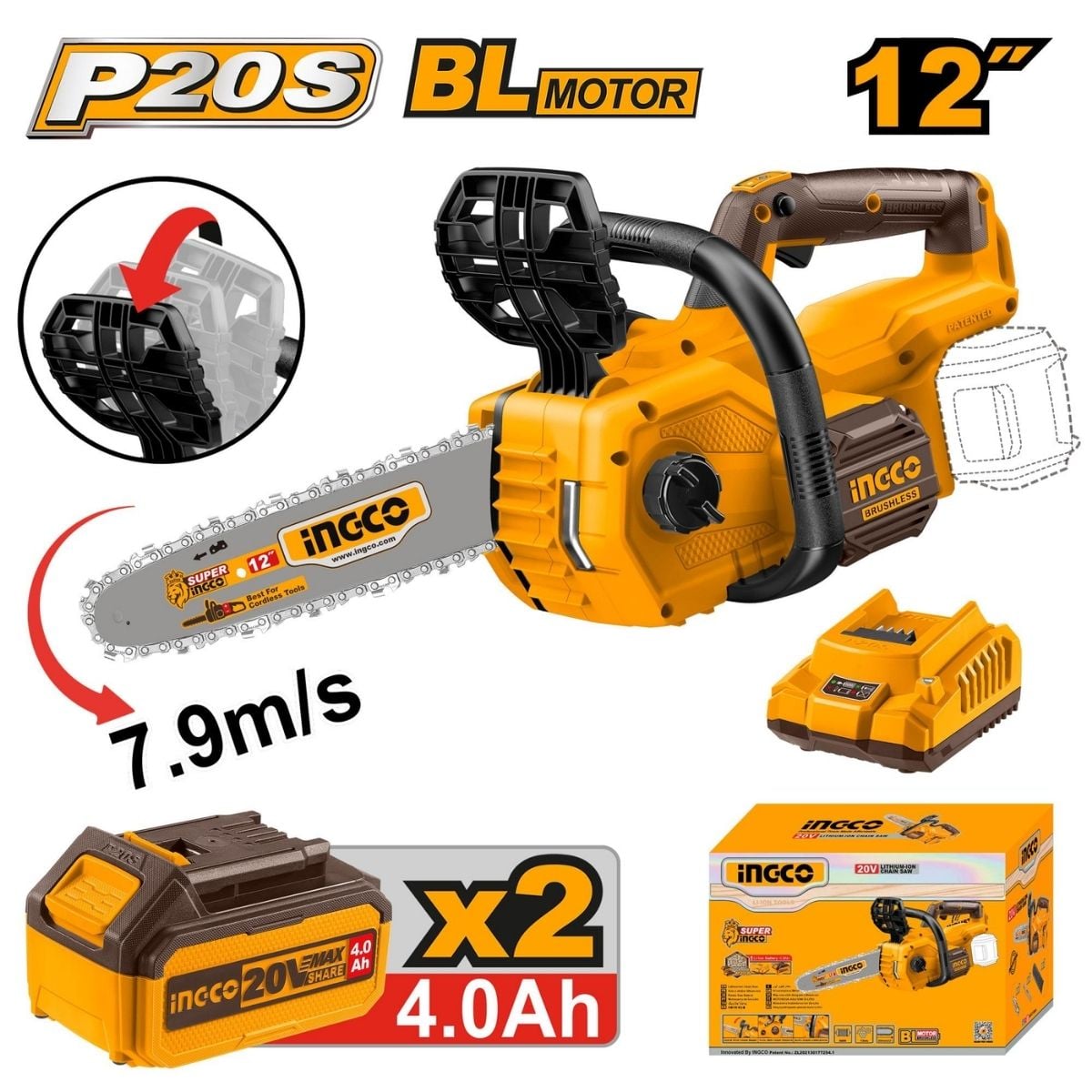 MOTOSIERRA INALÁMBRICA INGCO CGSLI201286 12″ 20V BL + KIT - 2