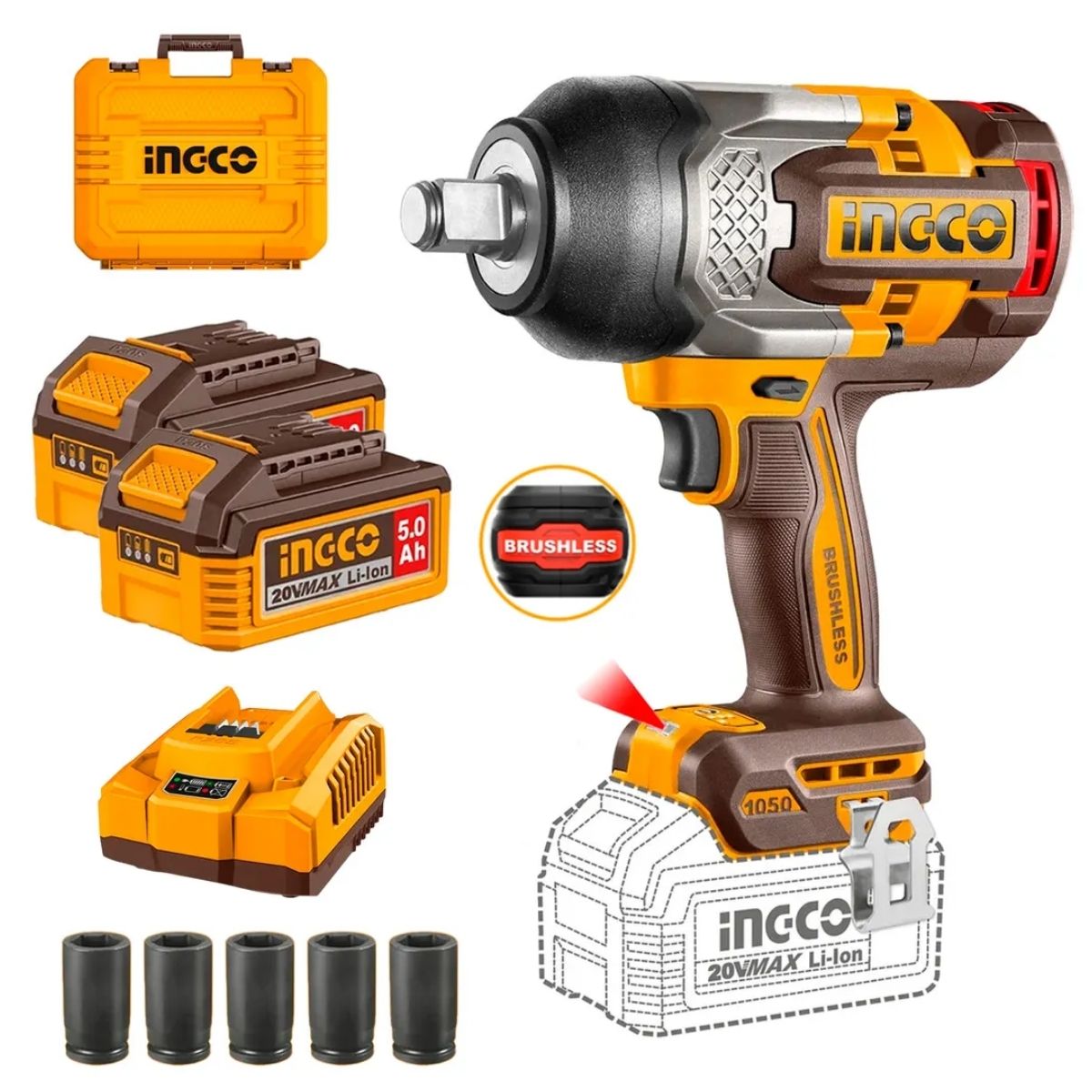 LLAVE DE IMPACTO INGCO 3/4' 20V 1050NM BL + 2 BAT CIWLI20105 - 1