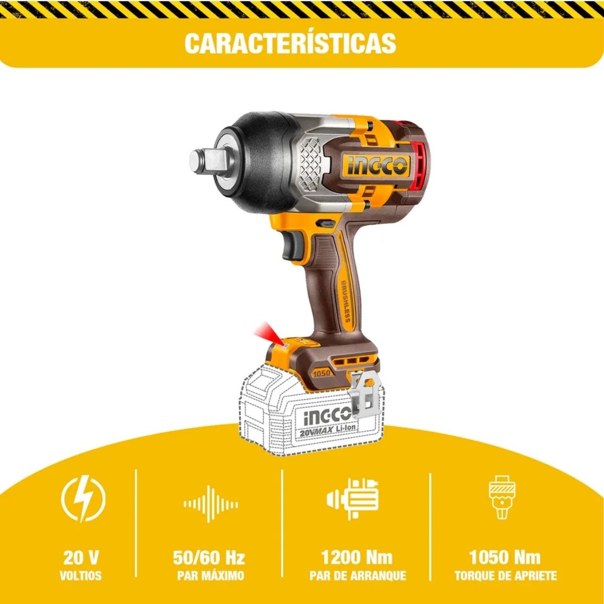 LLAVE DE IMPACTO INGCO 3/4' 20V 1050NM BL + 2 BAT CIWLI20105 - 3