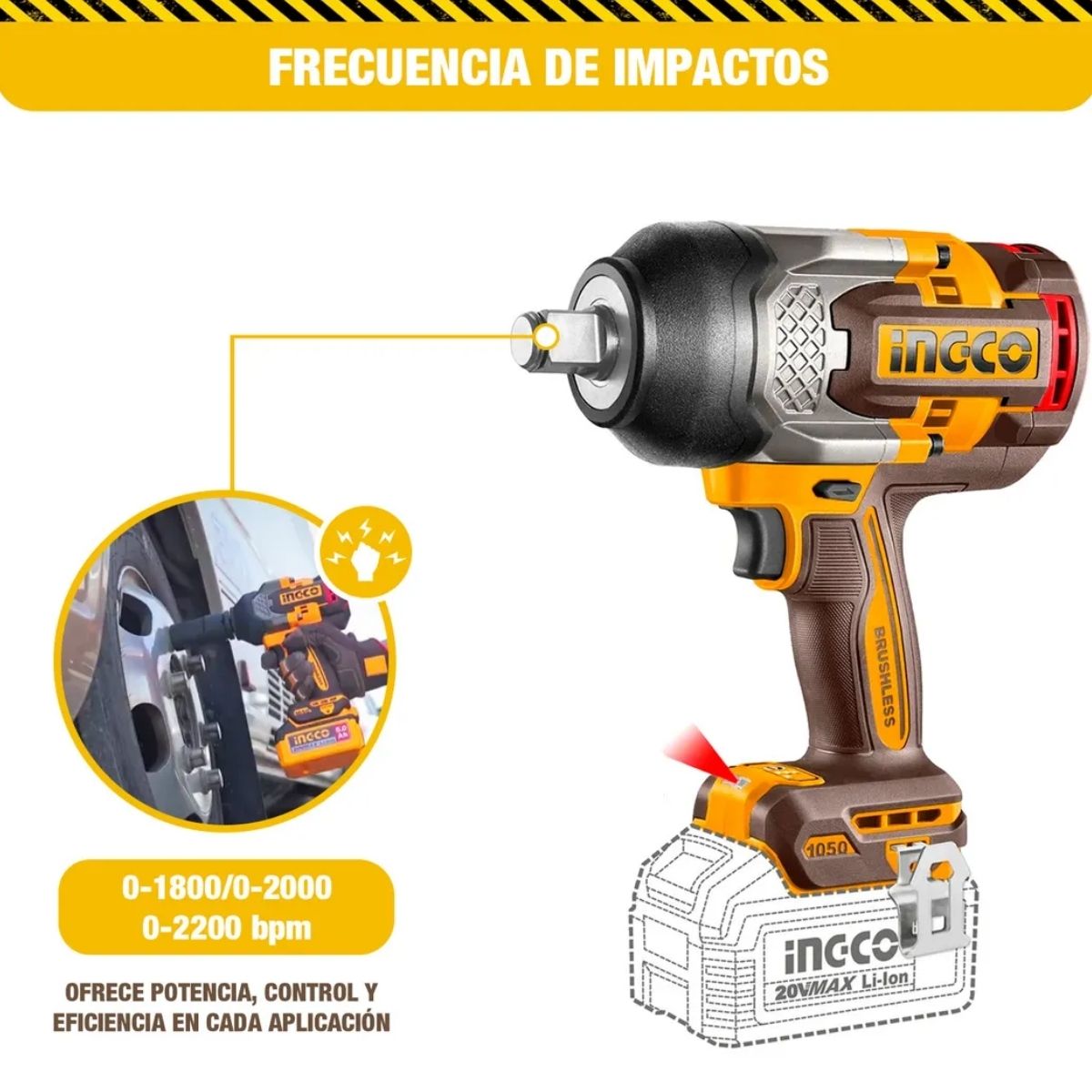LLAVE DE IMPACTO INGCO 3/4' 20V 1050NM BL + 2 BAT CIWLI20105 - 4