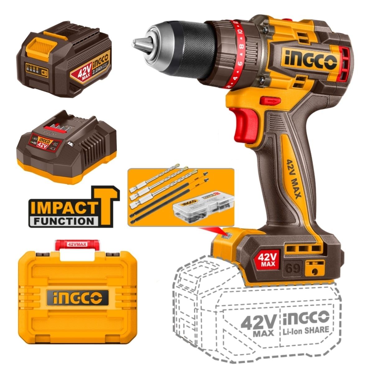 TALADRO PERCUTOR INGCO 42V 69NM BRUSHLESS + KIT CIDLI426981 - 1