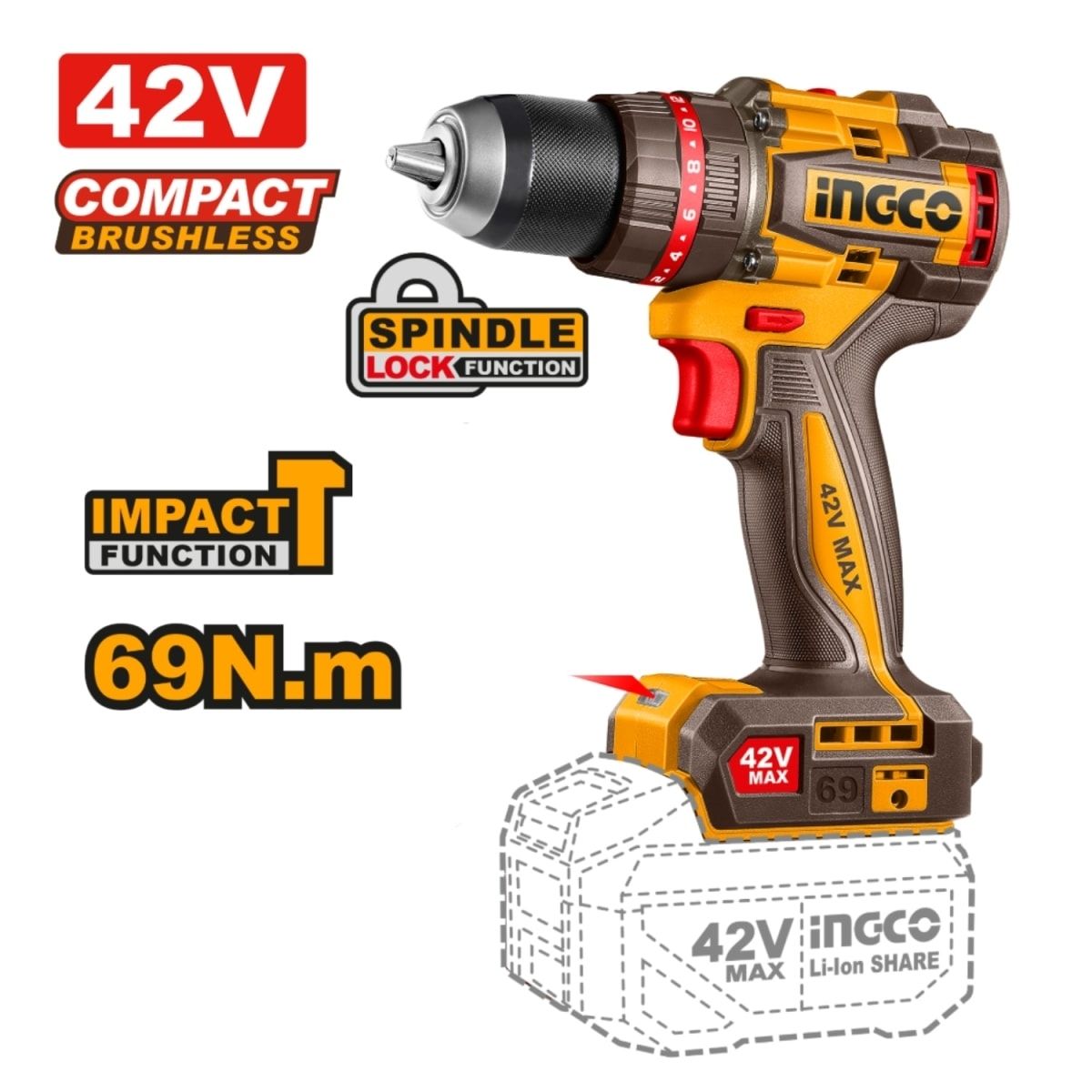 TALADRO PERCUTOR INGCO 42V 69NM BRUSHLESS + KIT CIDLI426981 - 3
