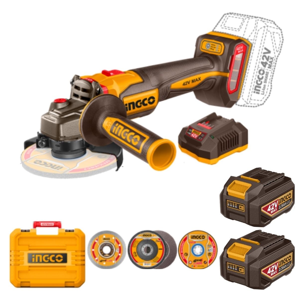 AMOLADORA INGCO 4 1/2' 42V 1280W BL + 2 BAT CAGLI4128112 - 1