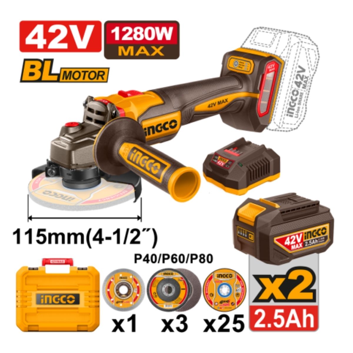 AMOLADORA INGCO 4 1/2' 42V 1280W BL + 2 BAT CAGLI4128112 - 2