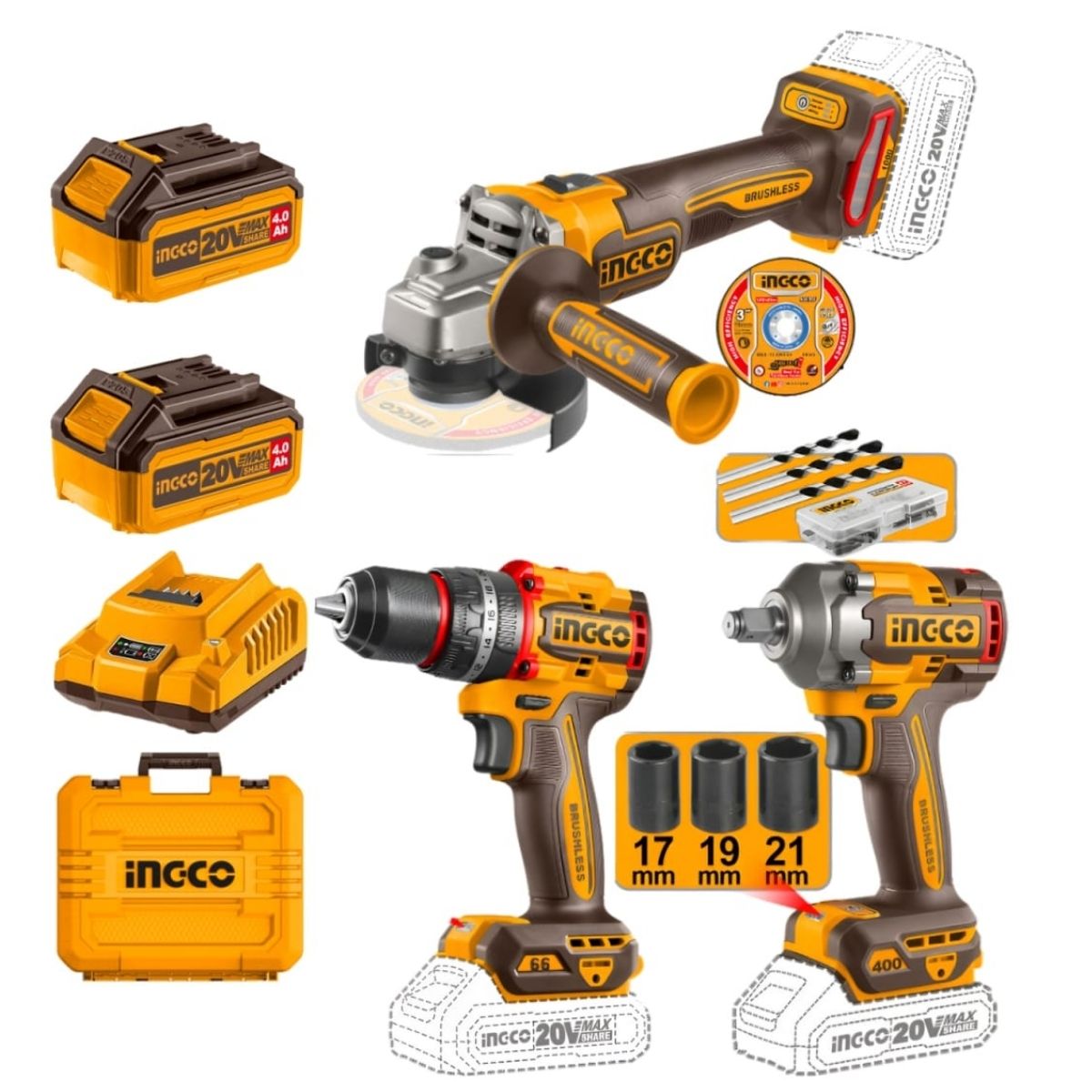 KIT TALADRO + AMOLADORA + LLAVE 20V 4AH 2BAT COSLI241291 - 1