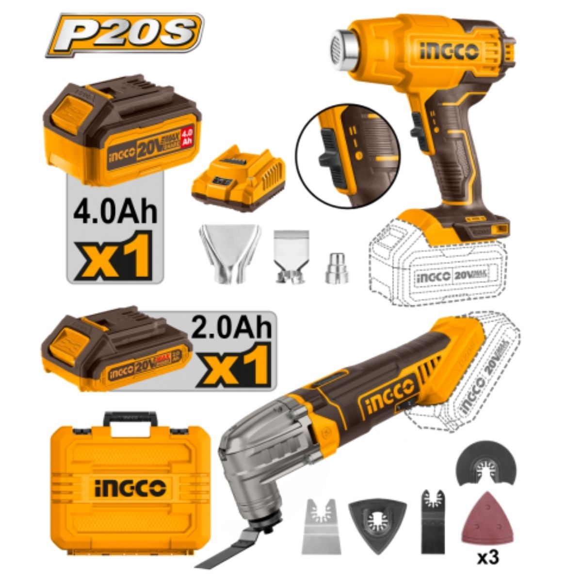 PISTOLA DE CALOR + MULTIHERRAMIENTA INGCO COSLI230703 20V - 2