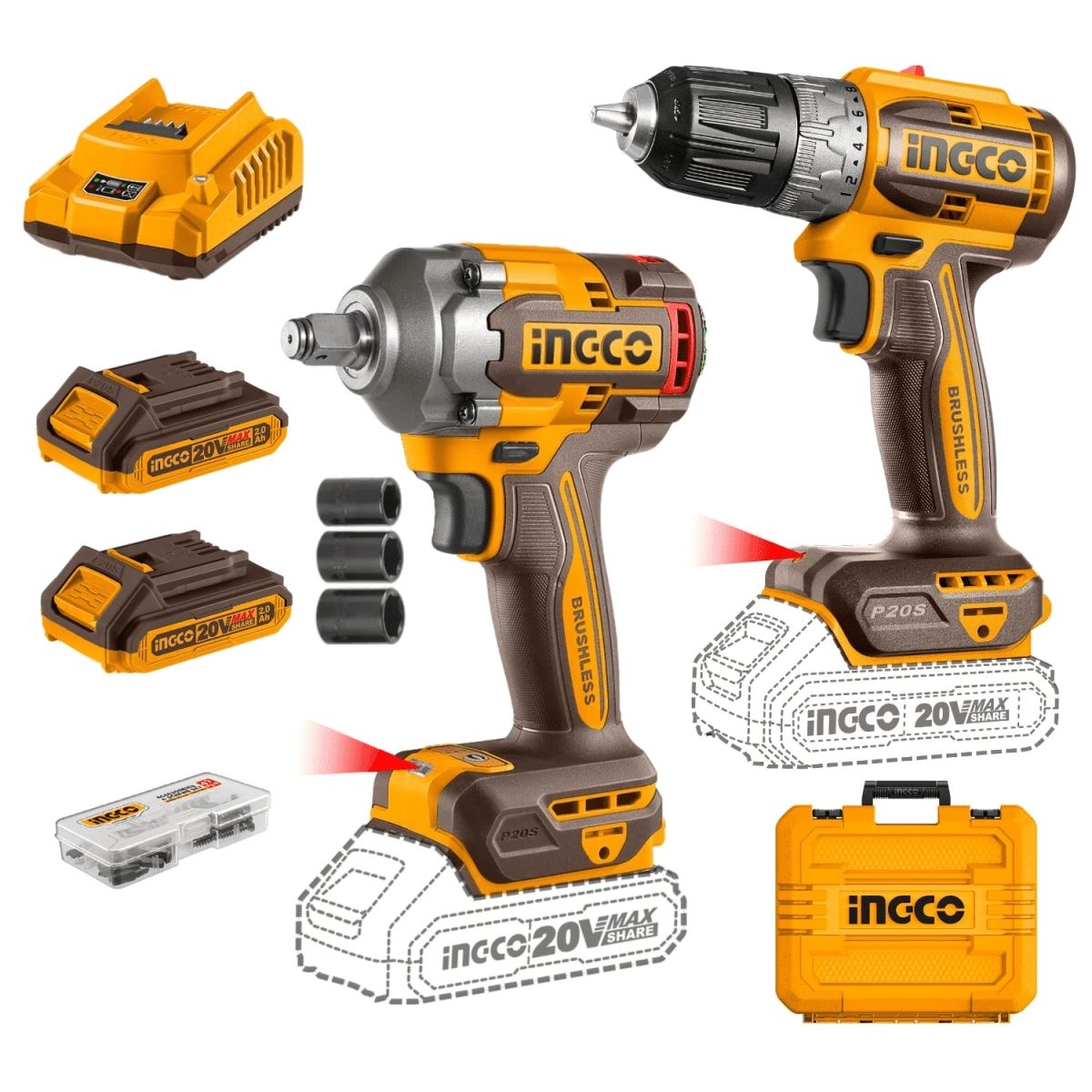 TALADRO + LLAVE DE IMPACTO INGCO CKLI20271 20V BRUSHLESS - 1