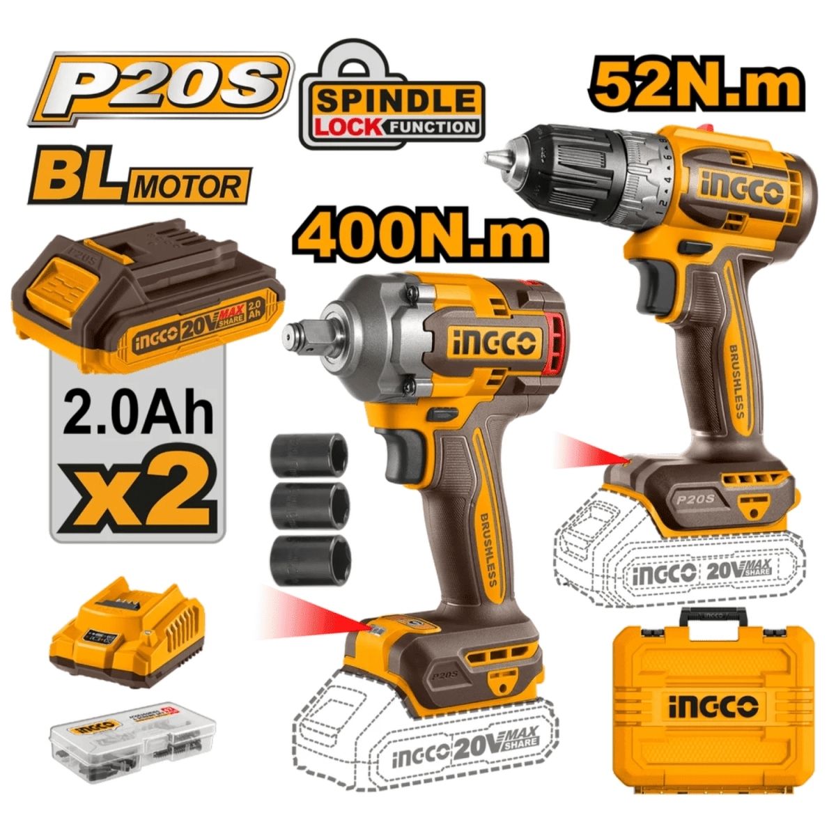TALADRO + LLAVE DE IMPACTO INGCO CKLI20271 20V BRUSHLESS - 2