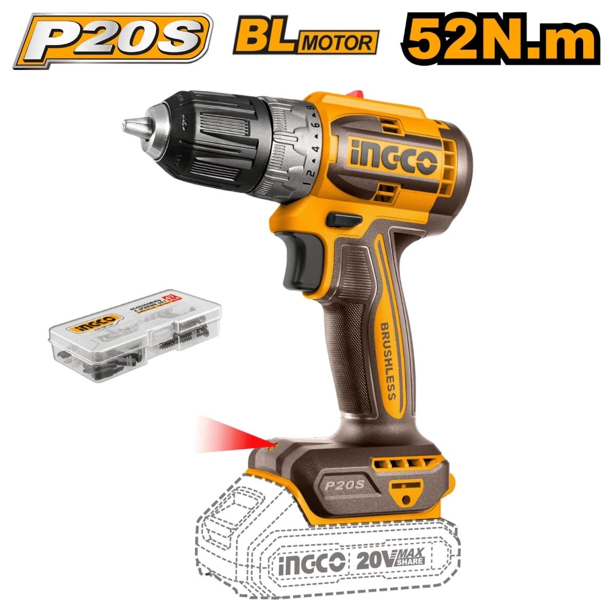 TALADRO + LLAVE DE IMPACTO INGCO CKLI20271 20V BRUSHLESS - 4