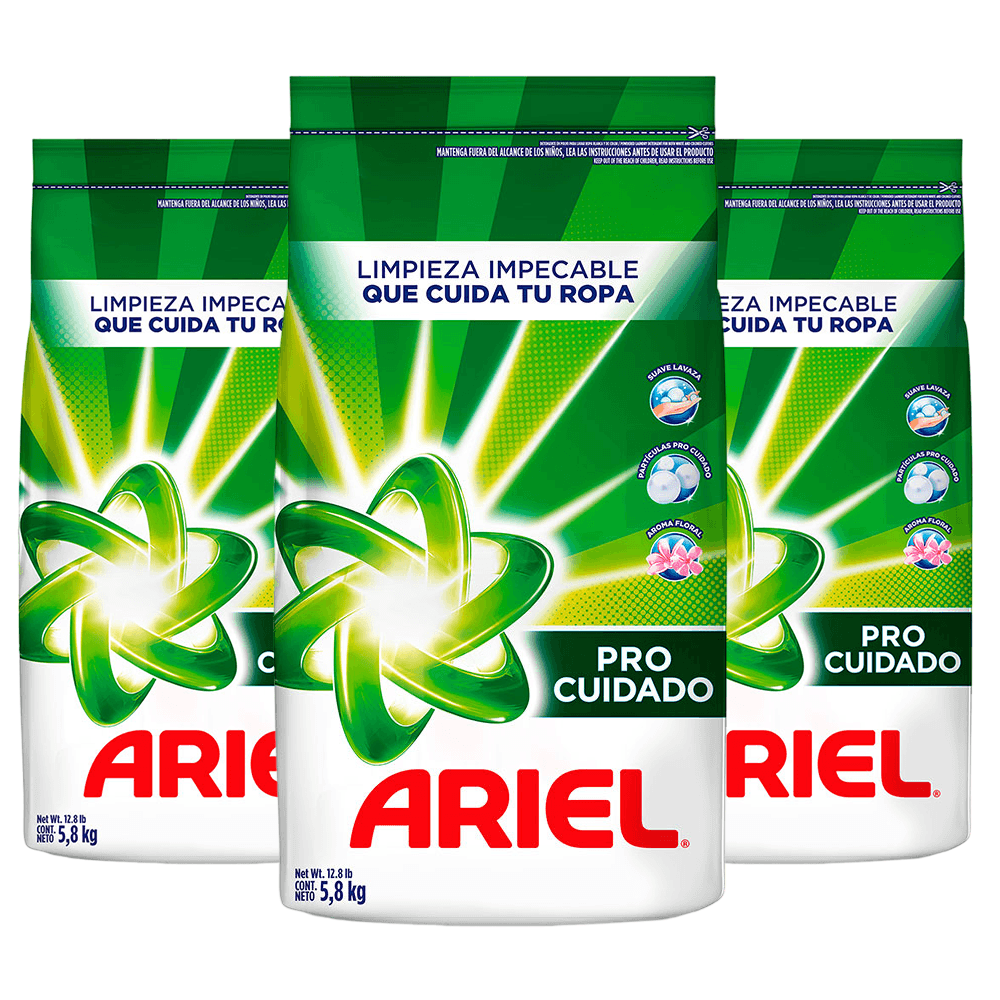 PACK X3 DETERGENTE EN POLVO ARIEL PRO CUIDADO 5.8 KG - 1
