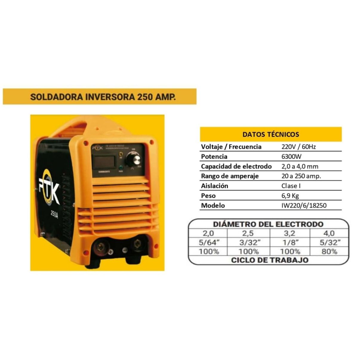 SOLDADORA INVERSORA 250A PTK IW220 6300W ARCO ELÉCTRICO - 3