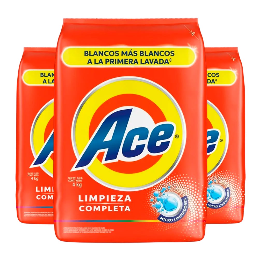 PACK X3 DETERGENTE EN POLVO ACE LIMPIEZA COMPLETA 4KG - 1