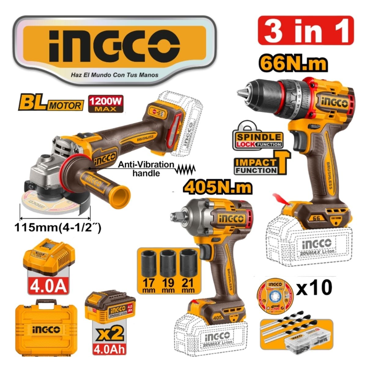 TALADRO + LLAVE + AMOLADORA 20V BL + BATERÍA INGCO CKLI20358 - 2