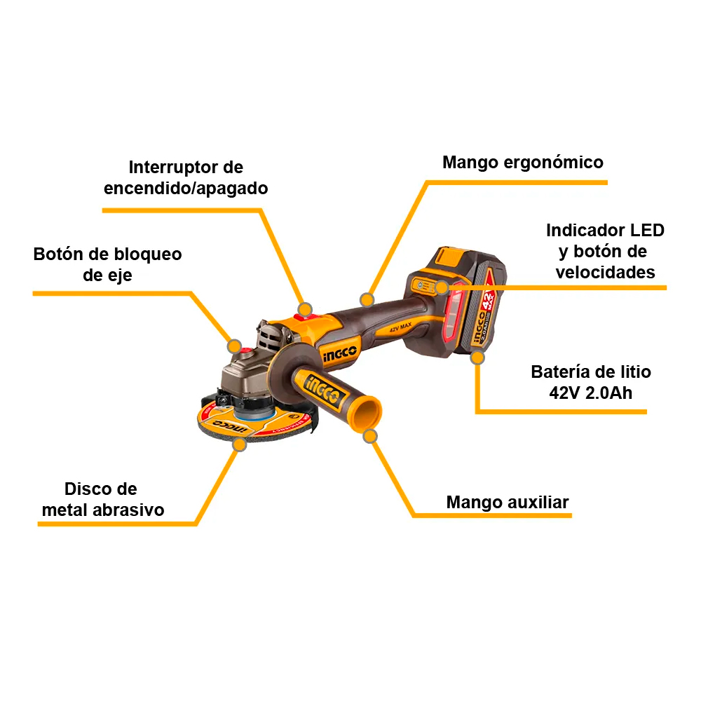 AMOLADORA INGCO 42V 4 1/2' + ACCESORIOS CAGLI4108112 - 3