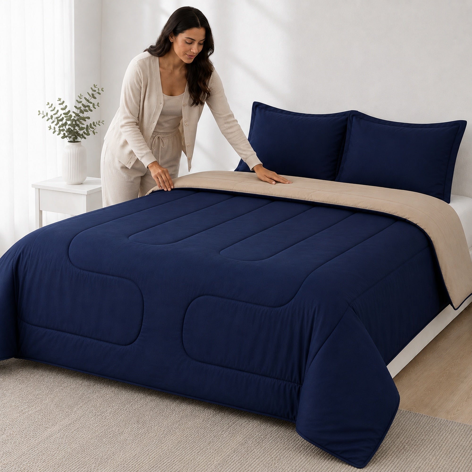 EDREDÓN 150 HILOS MICROFIBRA DAMASCO / BEIGE AZUL MARINO ARLIN - 5