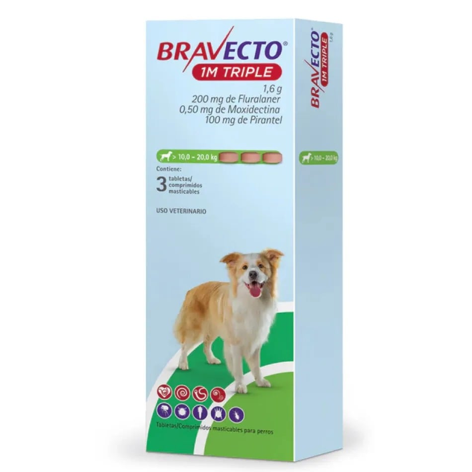 BRAVECTO 1M TRIPLE MEDIUM 10–20 KG – PASTILLA MASTICABLE ANTIPULGAS Y ANTIPARÁSITOS 3 MESES - 1