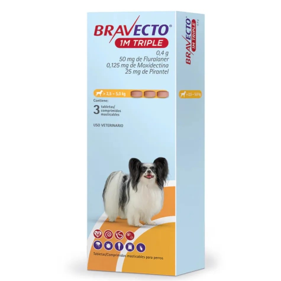 BRAVECTO 1M TRIPLE SMALL 2.5–5 KG – PASTILLA MASTICABLE ANTIPULGAS Y ANTIPARÁSITOS 1 MES - 1