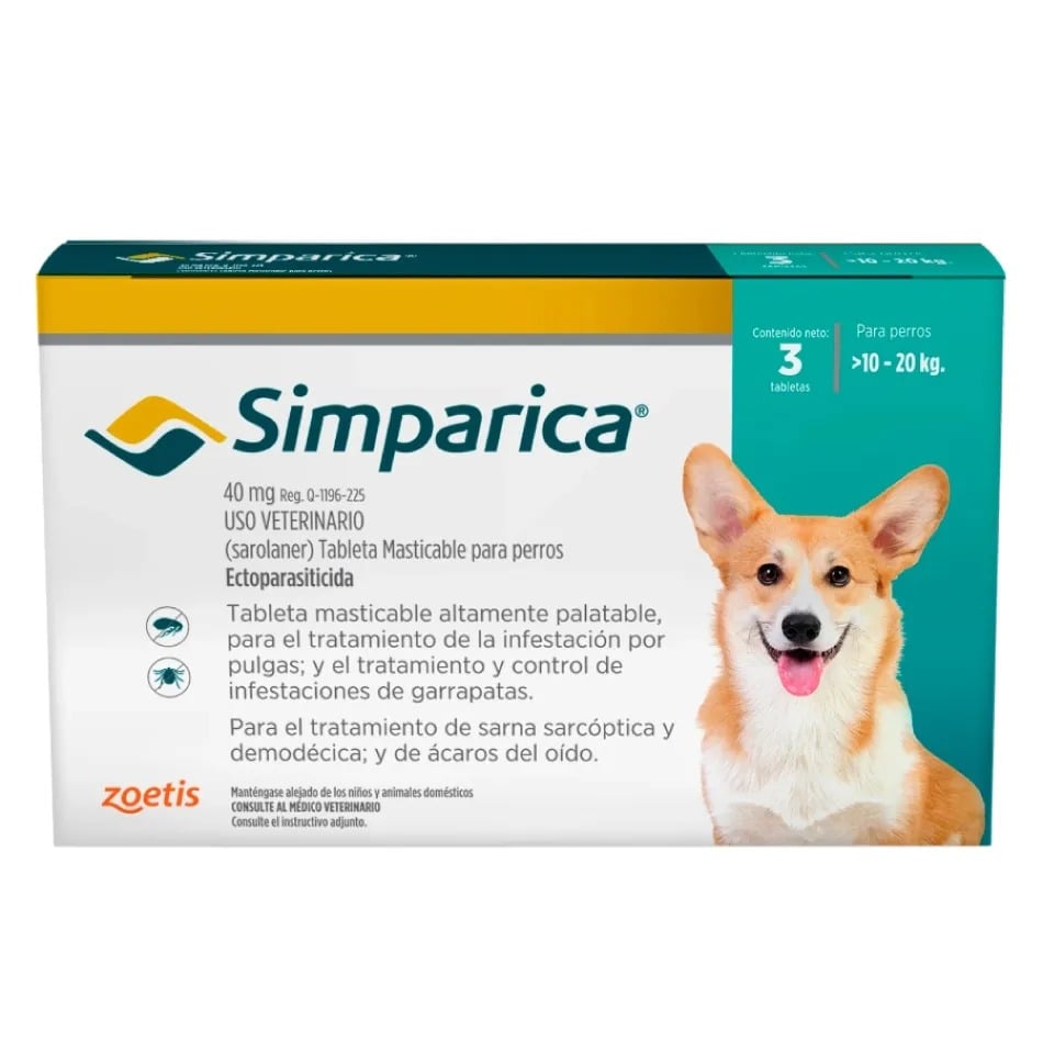 SIMPARICA PERROS 10-20 KG – ANTIPULGAS Y ANTIGARRAPATAS MASTICABLE - 1