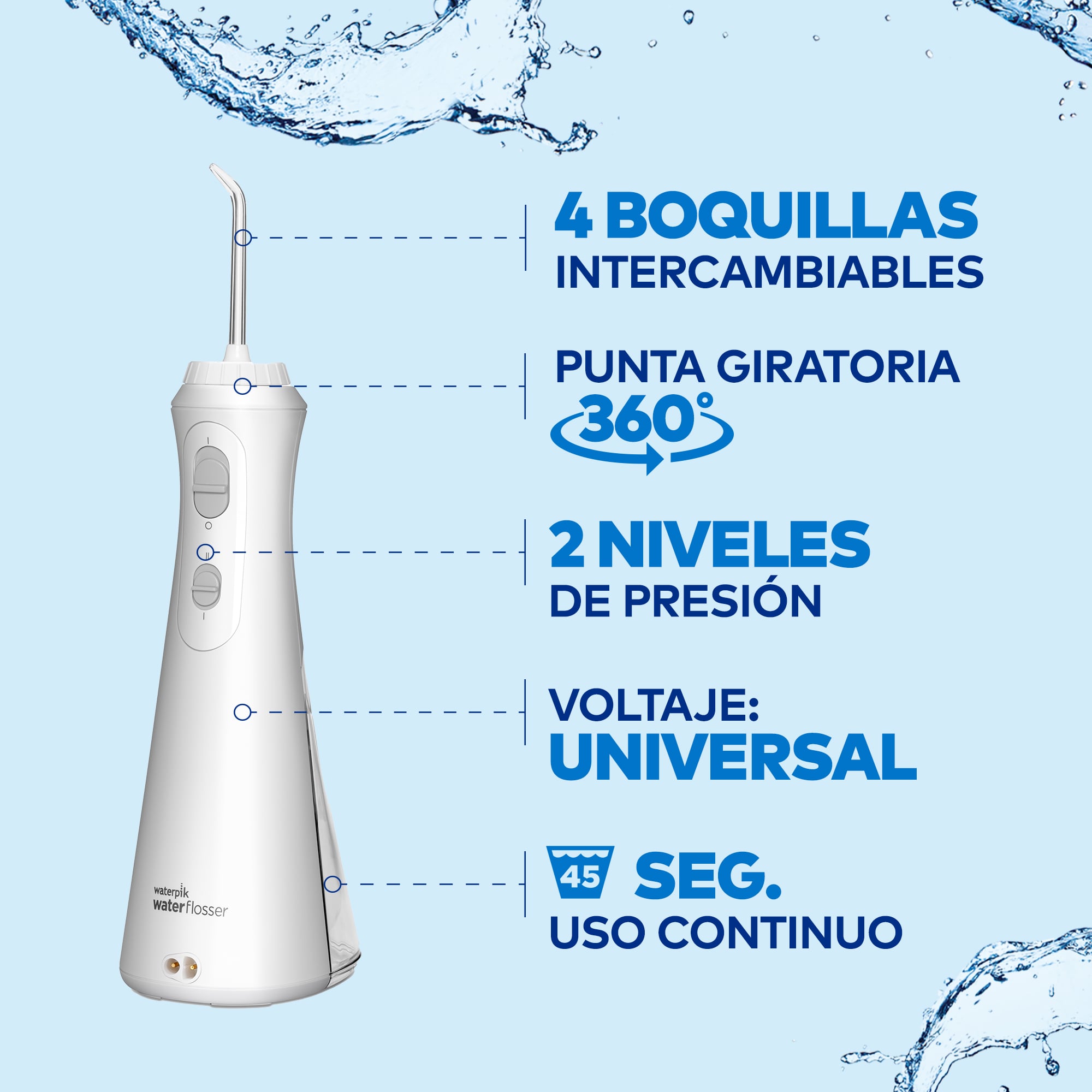 IRRIGADOR BUCAL WATERPIK NANO WP 310 SOBREMESA 3 NIVELES DE PRESIÓN 2 BOQUILLAS BLANCO - 4