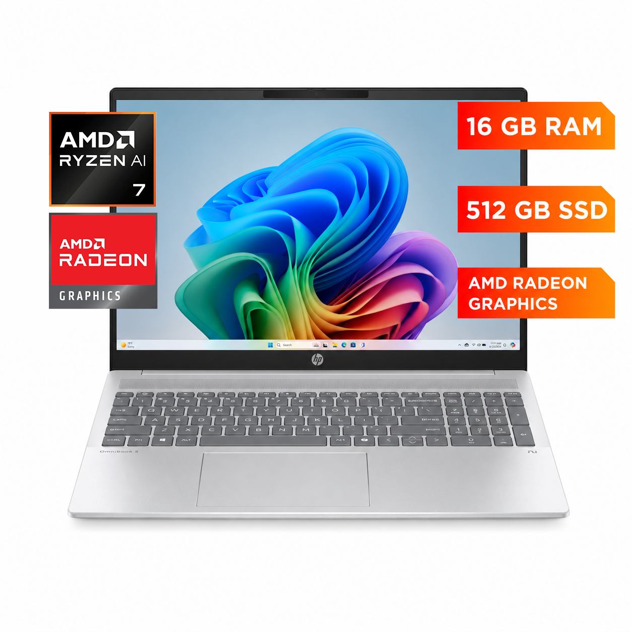 LAPTOP HP OMNIBOOK 5 16' AMD RYZEN AI 7 16GB RAM 512GB SSD WUXGA WINDOWS 11 GLACIER SILVER 16-AG1070WM - 1
