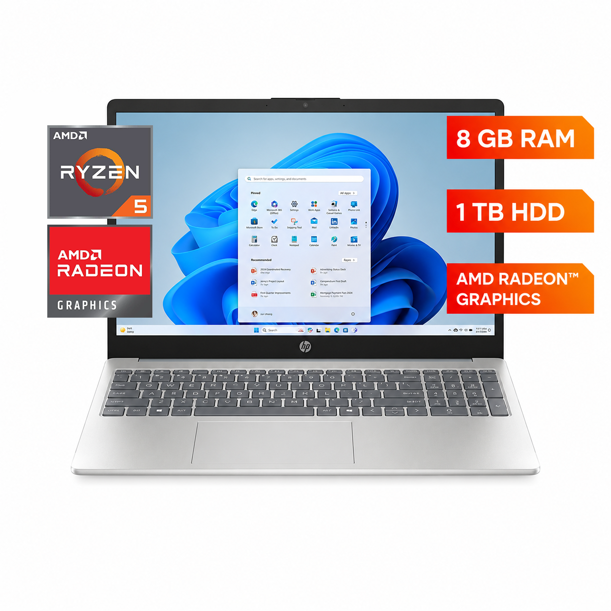 LAPTOP HP 15 TOUCH 15.6' FHD AMD RYZEN 5 7520U 8GB RAM 1TB SSD SILVER 15 FC0025WM WINDOWS 11 - 1