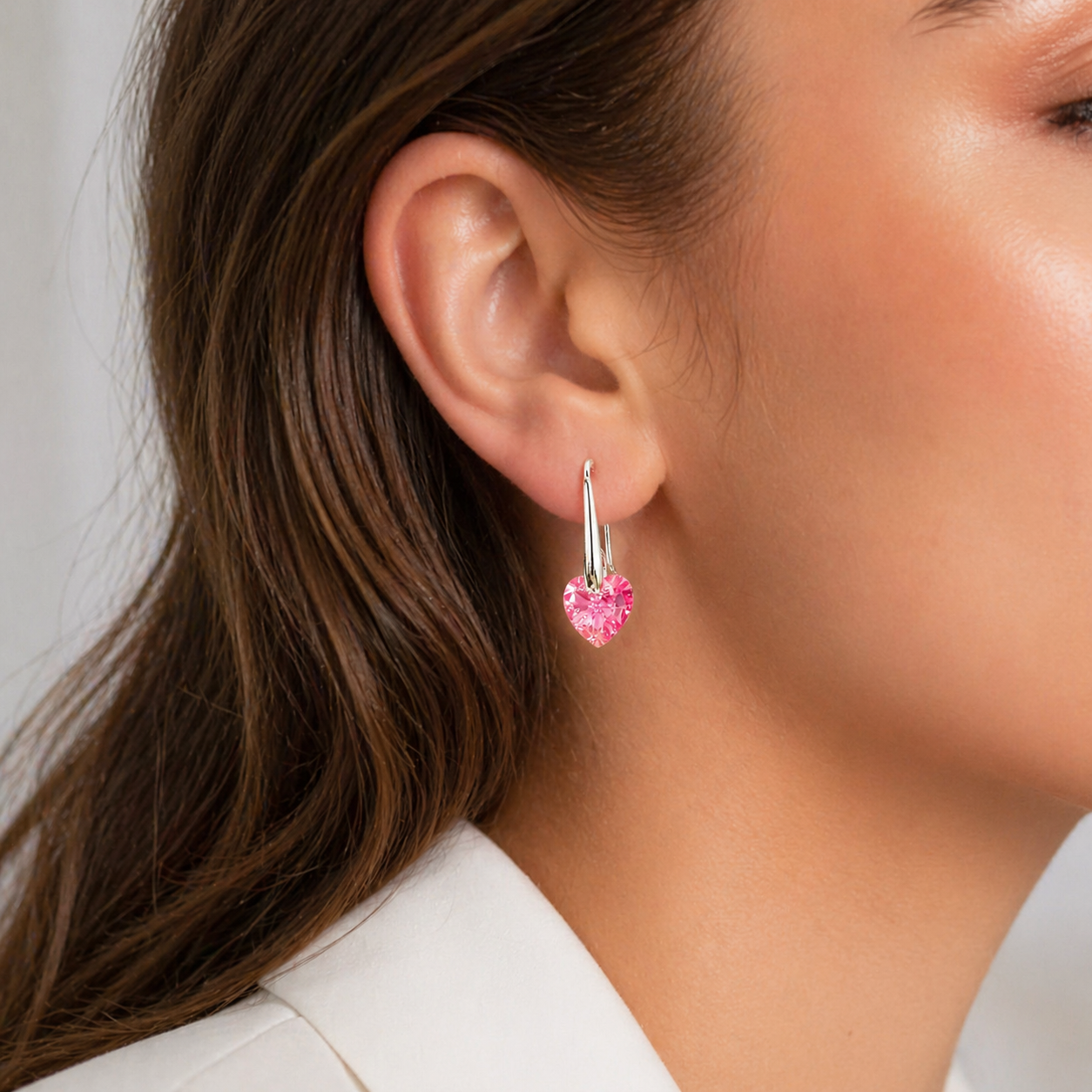 ARETES DE PLATA 925 PARA MUJER CON CRISTAL EN FORMA DE CORAZON COLOR ROSA - IDEAL PARA REGALO A MAMÁ - 2