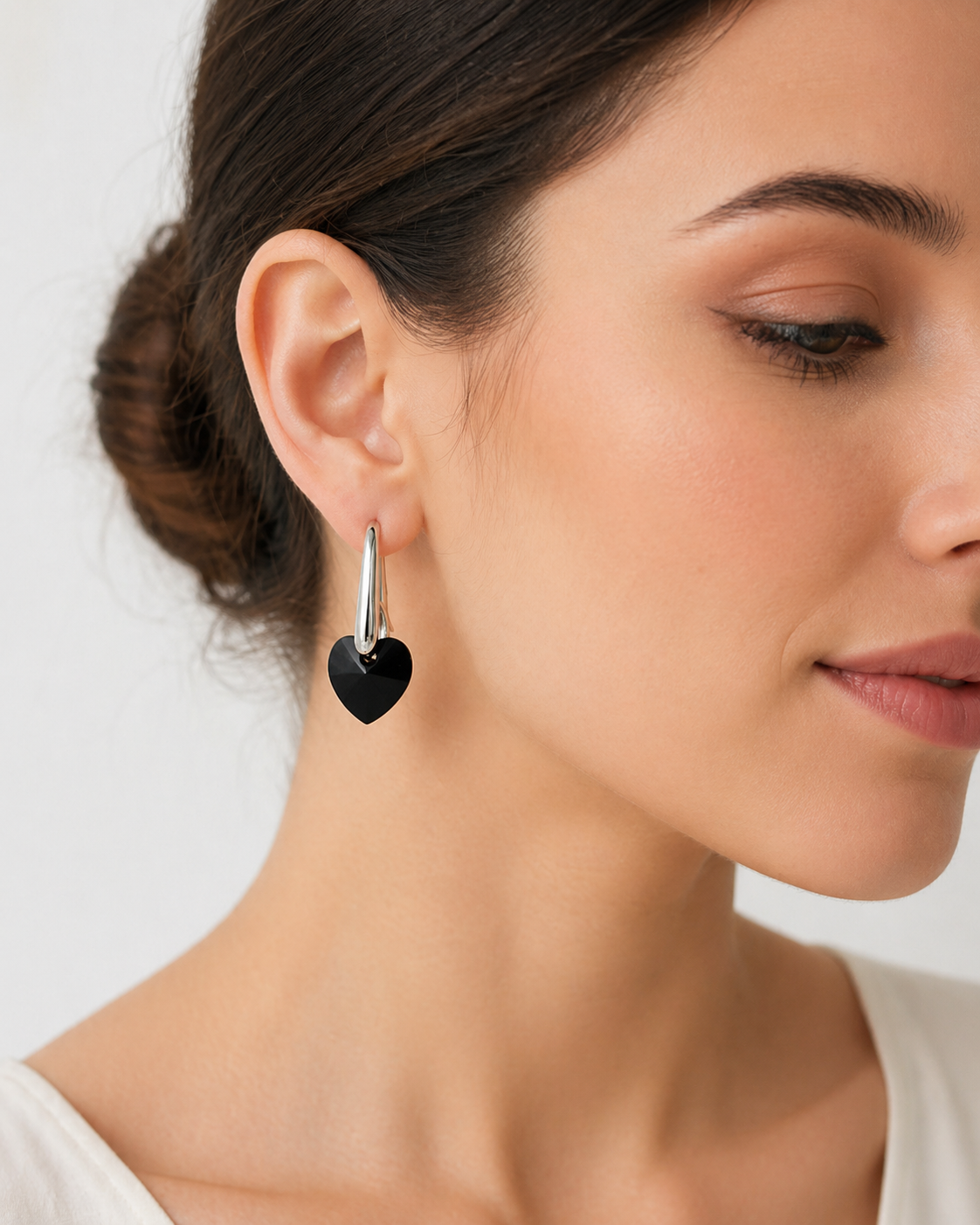 ARETES DE PLATA 925 PARA MUJER CON CORAZÓN DE CRISTAL NEGRO - REGALO ELEGANTE PARA SORPRENDER - 2