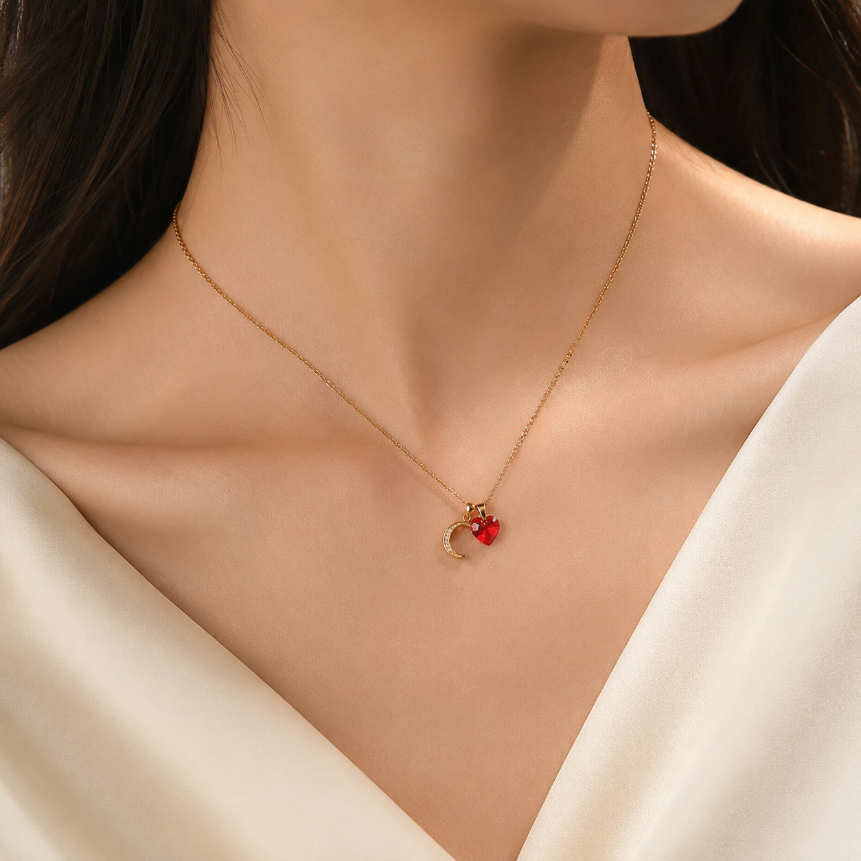 COLLAR DE ACERO INOXIDABLE CON DIJE LETRA INICIAL C Y CRISTAL CORAZÓN ROJO - REGALO IDEAL PARA ENAMORAR - 3