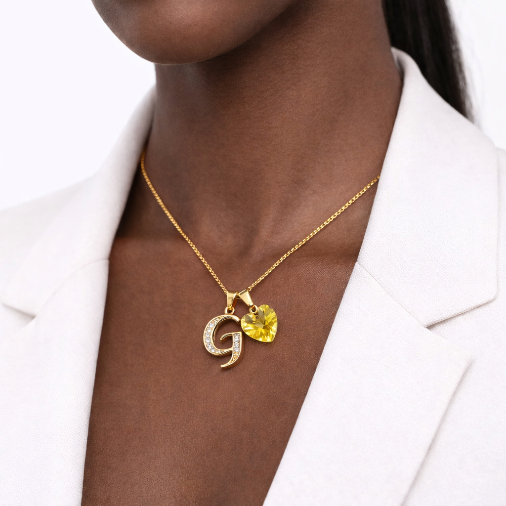 Collar Dorado Inicial G para Mujer con Corazón de Cristal Amarillo - Regalo Ideal para Enamorar - 2