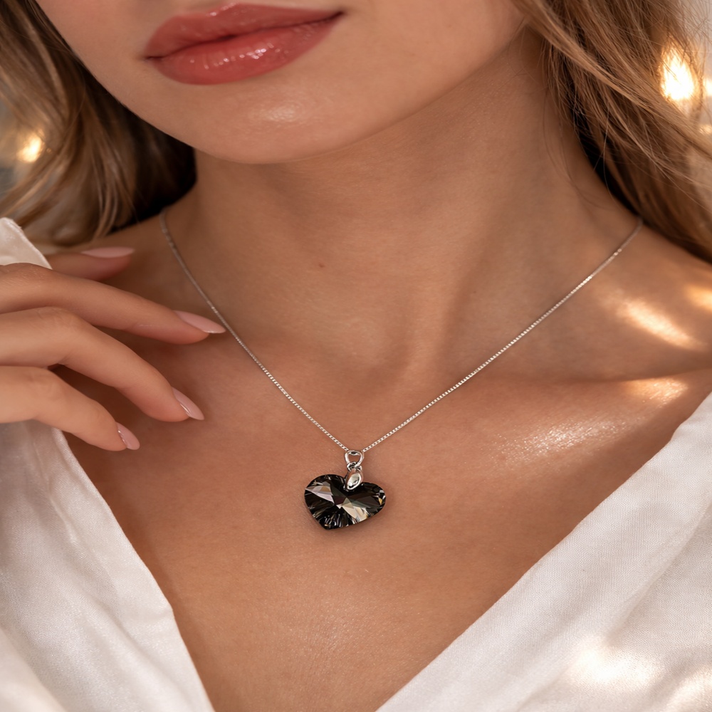 Collar de Plata 925 Mujer con Corazón de Cristal Negro - Joyería Fina - Regalo Romántico para Ella - 3