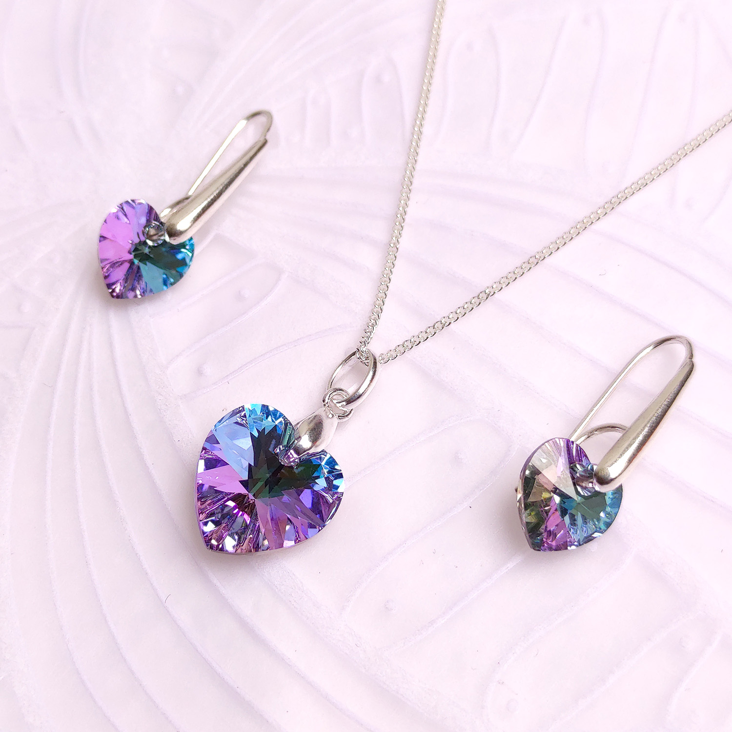 COLLAR Y ARETES DE PLATA DIJE CRISTAL CORAZÓN VITRAIL LIGHT - 1