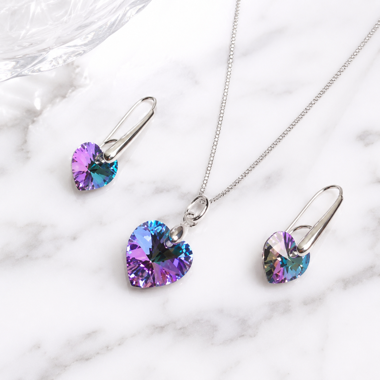 COLLAR Y ARETES DE PLATA CON DIJE DE CRISTAL DISEÑO CORAZÓN COLOR LILA TORNASOL VITRAIL LIGHT - 1