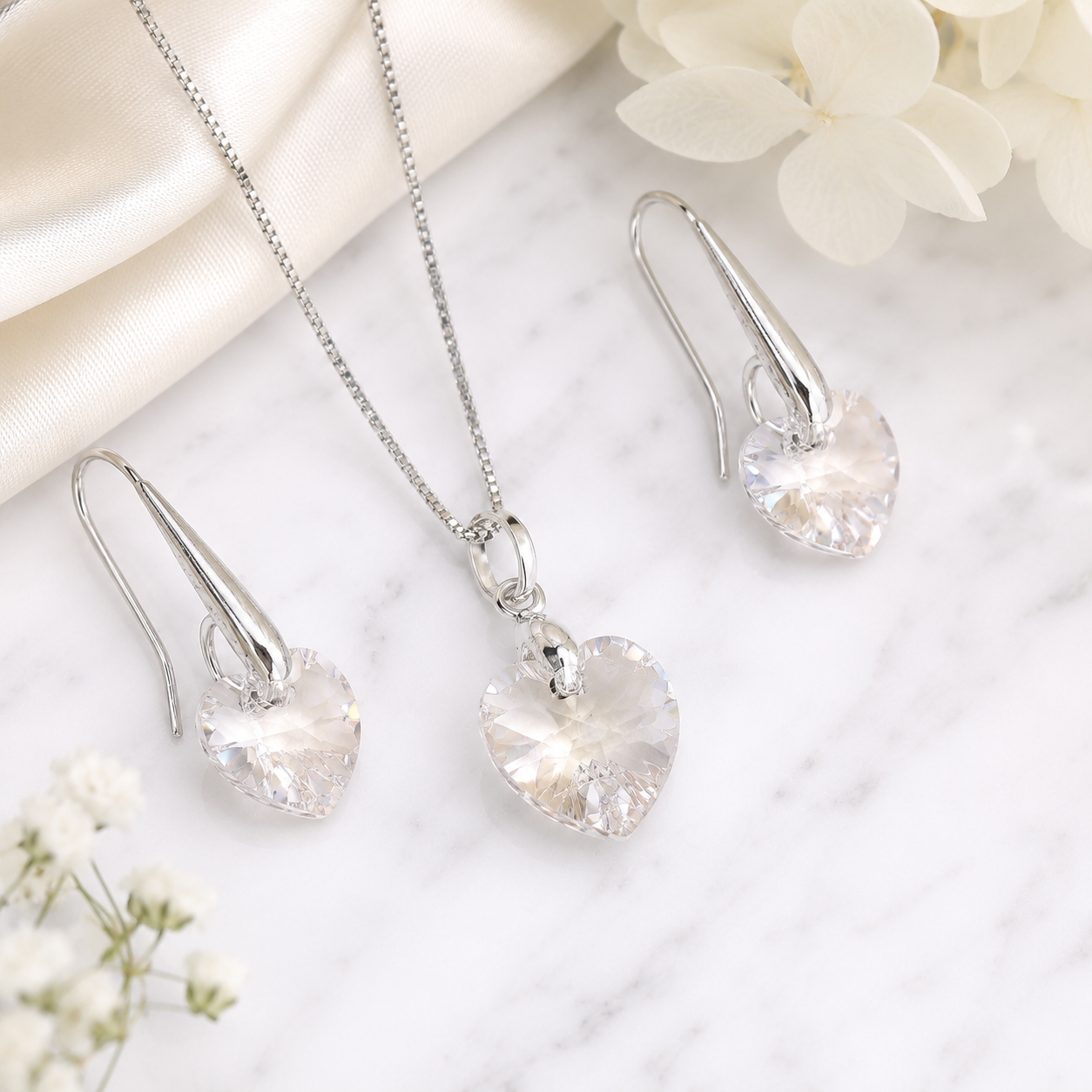 SET COLLAR Y ARETES DE PLATA 925 PARA MUJER CON CORAZÓN DE CRISTAL BLANCO REGALO ELEGANTE - 1