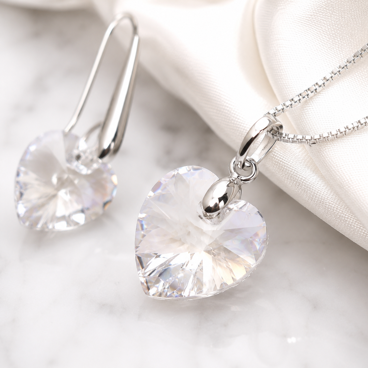 SET COLLAR Y ARETES DE PLATA 925 PARA MUJER CON CORAZÓN DE CRISTAL BLANCO REGALO ELEGANTE - 2