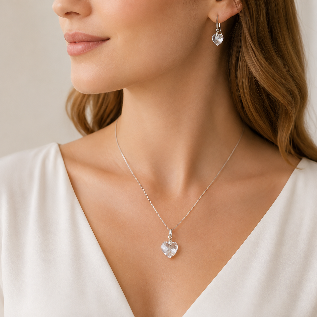 SET COLLAR Y ARETES DE PLATA 925 PARA MUJER CON CORAZÓN DE CRISTAL BLANCO REGALO ELEGANTE - 3