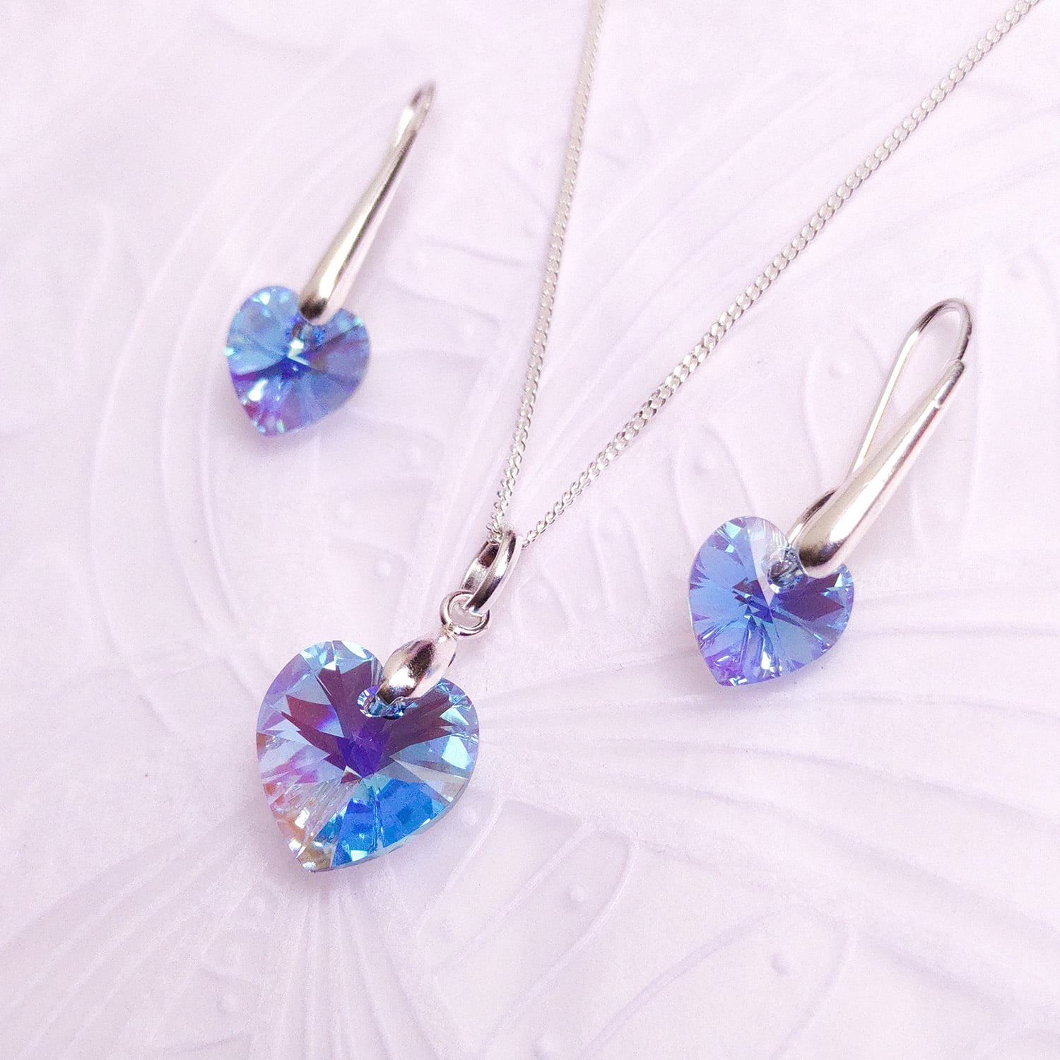 SET COLLAR Y ARETES DE PLATA 925 CON DIJE CRISTAL CORAZÓN CELESTE - JOYERIA ELEGANTE IDEAL COMO REGALO - 1