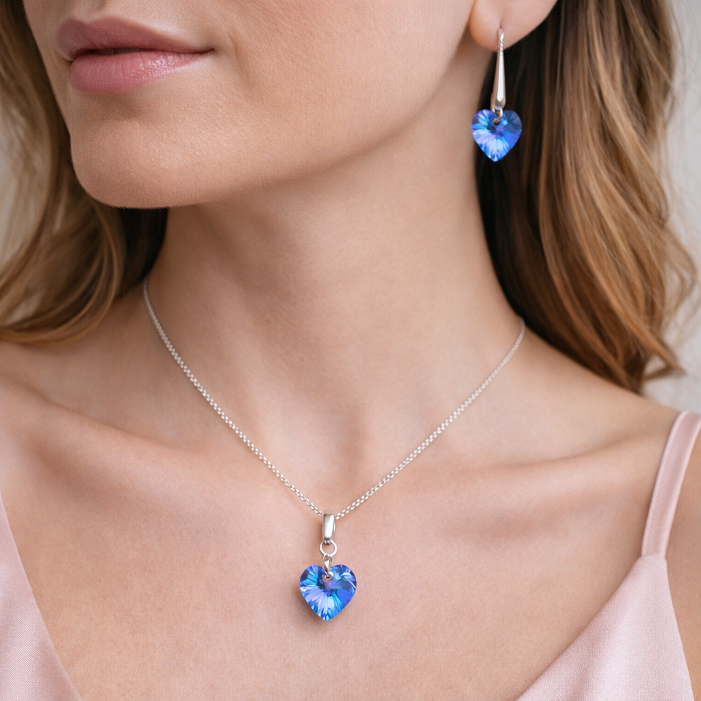 SET COLLAR Y ARETES DE PLATA 925 CON DIJE CRISTAL CORAZÓN CELESTE - JOYERIA ELEGANTE IDEAL COMO REGALO - 2