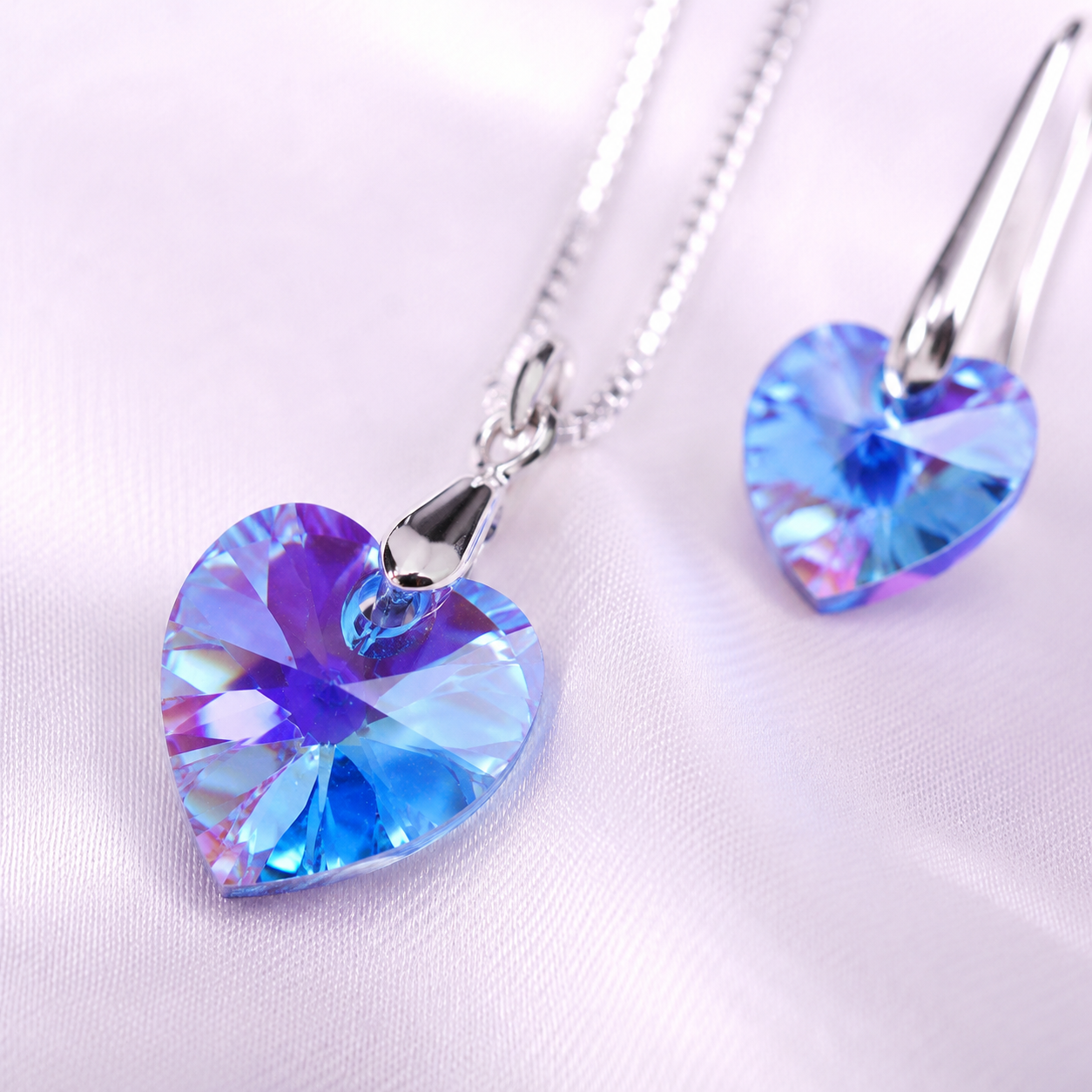 SET COLLAR Y ARETES DE PLATA 925 PARA MUJER CON CORAZÓN DE CRISTAL CELESTE - DISEÑO DELICADO - 3