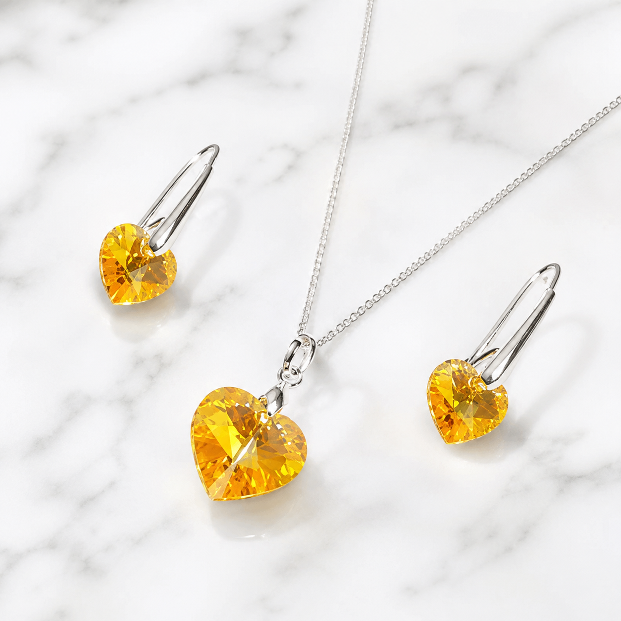 SET COLLAR Y ARETES DE PLATA 925 PARA MUJER CON CORAZÓN DE CRISTAL AMARILLO REGALO ELEGANTE - 1