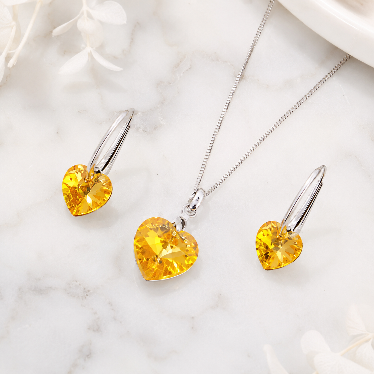 SET COLLAR Y ARETES DE PLATA 925 PARA MUJER CON CORAZÓN DE CRISTAL AMARILLO REGALO ELEGANTE - 4